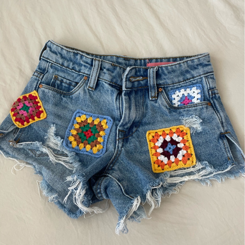 Blank NYC Kids Denim Shorts with Crochet Patches